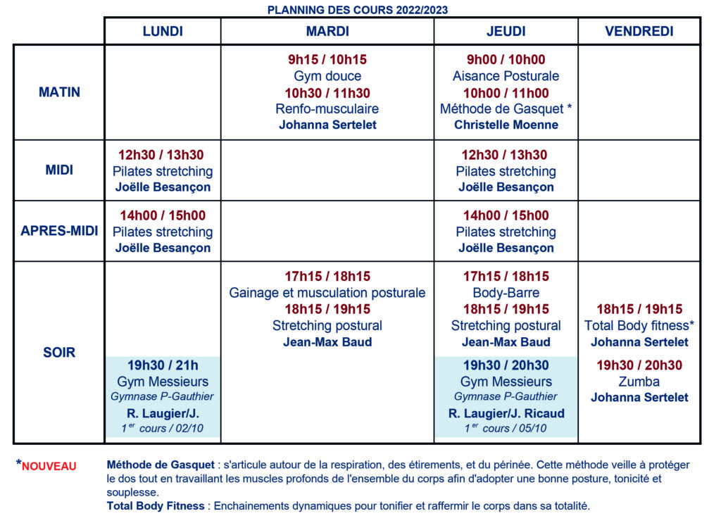 horaires sport et formes 2022-23